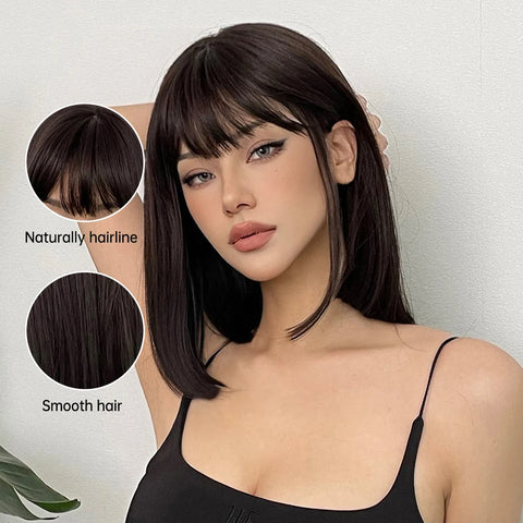 Image of Short Black Brown Synthetic Natural Hair Wigs for Women Bob Straight Wig with Bangs High Temperature Daily Cosplay Party Wigs-FrenzyAfricanFashion.com