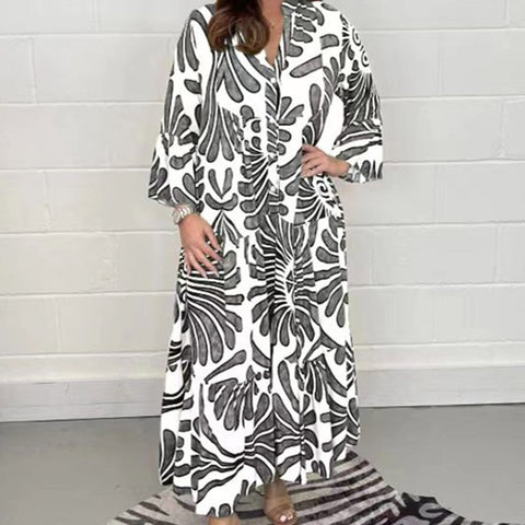 Image of Chic Casual 3/4 Sleeve Loose Pleated Party Dress Summer Women O-neck Long Dress Spring Graphic Single Breasted Bohe Dresses-FrenzyAfricanFashion.com