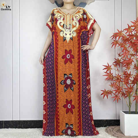 Image of Women Floral Dress African Dashiki Kaftan Short Sleeve Women Casual Hijab Dress-FrenzyAfricanFashion.com