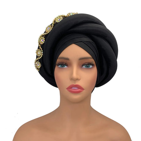 Image of Twisted Braid Turban Cap for Women African Lady Head Wraps Diamonds Nigeria Raw Silk Autogele Headtie Muslim Hat Party Headwear-FrenzyAfricanFashion.com