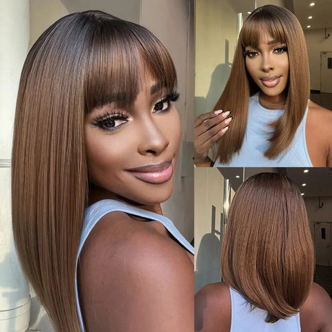 Image of Brown Ombre Synthetic Women Medium Length Wig with Bangs Heat Resistant-FrenzyAfricanFashion.com