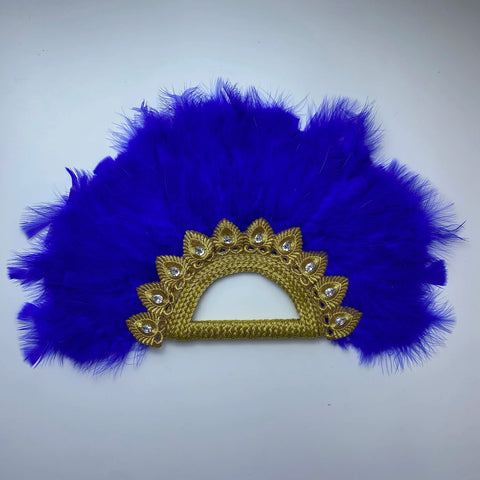 Image of Big Size Design African Blue Feather Fan Ladies Wedding Feather Fan For Bride Double Side Feather Nigerian Stones Dance Handfan-FrenzyAfricanFashion.com