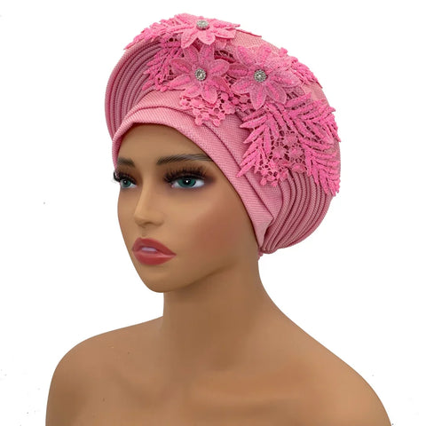 Image of Embroidery Flower African Autogele Headtie Women's Fashion Turban Cap Wedding Gele Party Headpiece Nigeria Female Head Wraps-FrenzyAfricanFashion.com