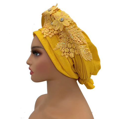 Image of Embroidery Flower African Autogele Headtie Women's Fashion Turban Cap Wedding Gele Party Headpiece Nigeria Female Head Wraps-FrenzyAfricanFashion.com