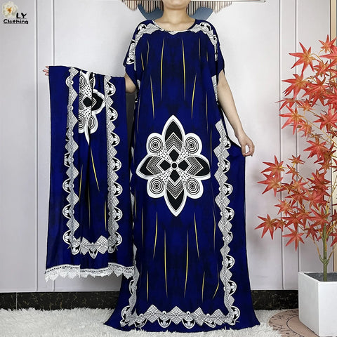 Image of Women Short Sleeve Cotton Loose Femme Robe Dresses With Big Scarf-FrenzyAfricanFashion.com