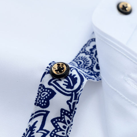 Image of Blue-and-white Porcelain Collar Shirt Men Long Sleeve SlimFit Casual Business Dress Shirts Solid Color White Shirt Cotton-FrenzyAfricanFashion.com