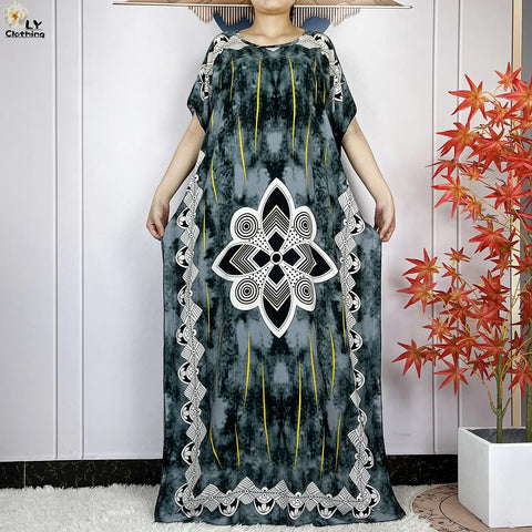 Image of Women Short Sleeve Cotton Loose Femme Robe Dresses With Big Scarf-FrenzyAfricanFashion.com