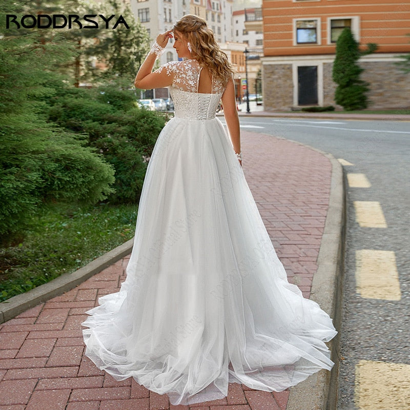 Illusion O-Neck Applique Wedding Dress Plus Size Beach Bridal Gown Lace Up Backless-FrenzyAfricanFashion.com