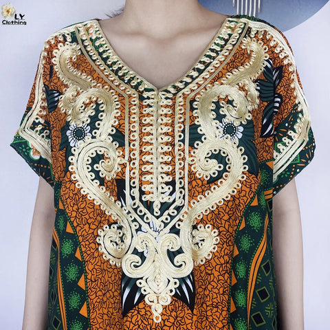 Image of Women Floral Dress African Dashiki Kaftan Short Sleeve Women Casual Hijab Dress-FrenzyAfricanFashion.com