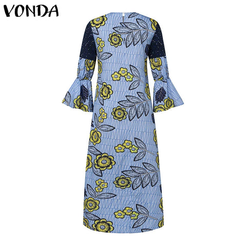 Image of Plus Size VONDA Bohemian Vestidos Women Casual Flared Long Sleeve Maxi Dress Round Neck Loose Print Sundress Ruffles Long Robes-FrenzyAfricanFashion.com