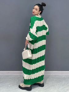 Striped Knit Dress For Women O-neck Full Sleeve Loose-FrenzyAfricanFashion.com