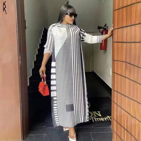 Image of New Miyake Pleated Stripe Print Dress Fashion Relaxed Party Temperament Long Dress Spring Elegant Women's-FrenzyAfricanFashion.com