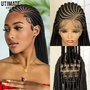 Full Lace Cornrow Braided Wigs Black Women Handmade Synthetic Long Box Braided Wig with Baby Hair Lace Front Braids Wigs-FrenzyAfricanFashion.com