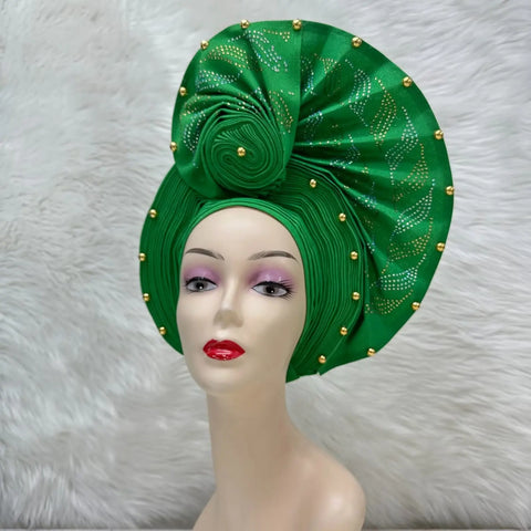 Image of Fahion High Quality Nigerian Gele Headtie Aso Oke Gele Already Made Auto Gele Aso Ebi Headtie African Turban with Bead Z1113-1-FrenzyAfricanFashion.com