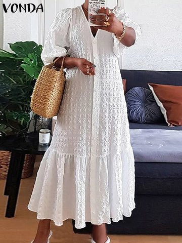 Image of Women Shirt Dress Sexy V Neck Buttons Half Sleeve Long Maxi Bohemian-FrenzyAfricanFashion.com