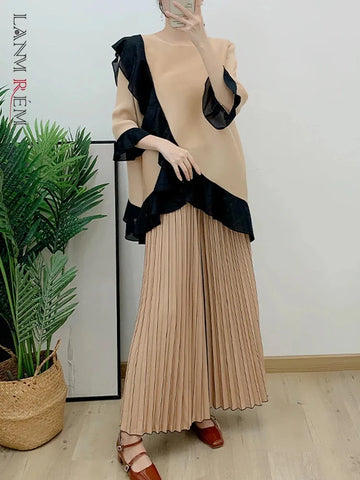 Image of Ruffled Irregular Top+casual Wide Leg Pants Two-piece Pleated Set Loose Elegant Clothing-FrenzyAfricanFashion.com