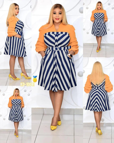 Image of New Style African Plus Size Women's Stand-up Collar Puff Sleeve Big Hem Printed Dress with Pocket-FrenzyAfricanFashion.com