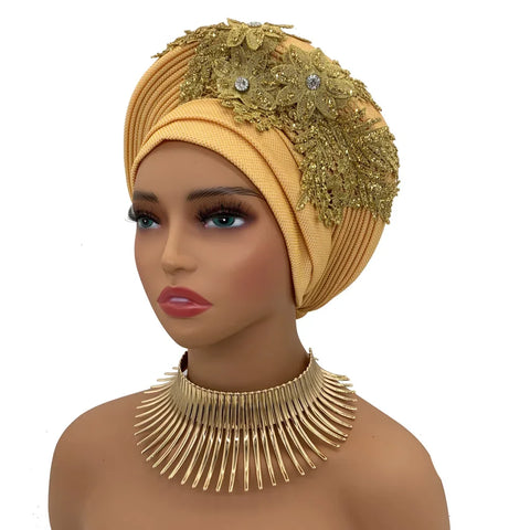 Image of Embroidery Flower African Autogele Headtie Women's Fashion Turban Cap Wedding Gele Party Headpiece Nigeria Female Head Wraps-FrenzyAfricanFashion.com