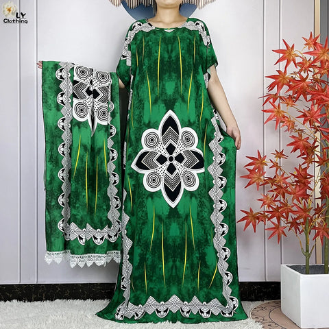 Image of Women Short Sleeve Cotton Loose Femme Robe Dresses With Big Scarf-FrenzyAfricanFashion.com