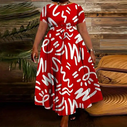 Image of Plus Size 5XL VONDA Summer Women Dress 2024 Fashion Belted Maxi Long Party Dress Vintage Printed Sundress Casual Vestidos Robe-FrenzyAfricanFashion.com