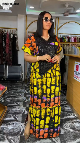 Image of Plus Size Abaya African Dresses Women Sequins Caftan Long Maxi Lenis-FrenzyAfricanFashion.com