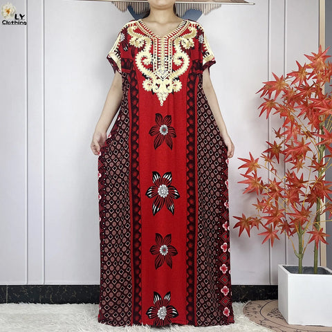 Image of Women Floral Dress African Dashiki Kaftan Short Sleeve Women Casual Hijab Dress-FrenzyAfricanFashion.com