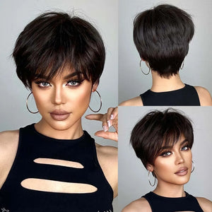 Pixie Cut Wigs for Women Natural Synthetic Short Black Layered Hair Wig with Fluffy Bangs Afro Daily Heat Resistant-FrenzyAfricanFashion.com