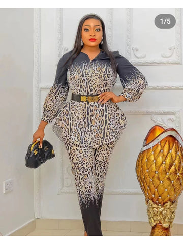 Image of Fashion Leopad Print Top and Pants With Belt 3-pieces Dashiki Suit Dresses for Women-FrenzyAfricanFashion.com