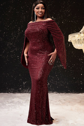 Image of Women Plus Size Formal Dress Burgundy Cape Off The Shoulder Sequin Wedding Guest Cocktail Slim Elegant Maxi Dresses 2024-FrenzyAfricanFashion.com