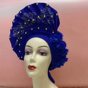 African Nigerian gel headgear with stone bead already made auto turban afro aso ebi gel aso oke wide br im headgear 9L032801-FrenzyAfricanFashion.com