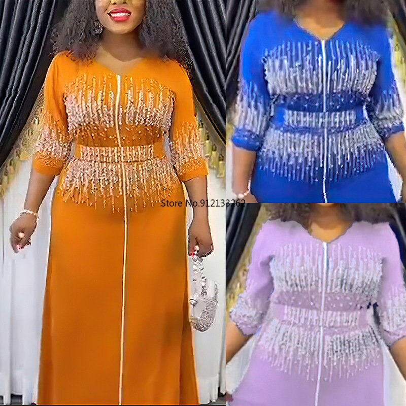 Wedding Dresses Women Plus Size Beaded Evening Party Long Maxi Dress Moroccan Muslim-FrenzyAfricanFashion.com