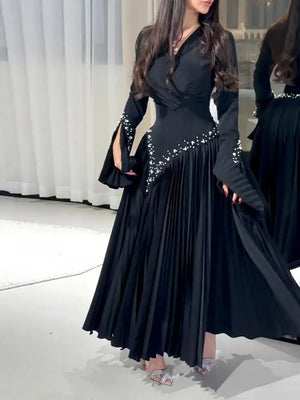 Pleated Black Dress Fashion Rhinestone Evening Banquet Long Dresses-FrenzyAfricanFashion.com