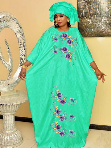 Image of Shiny Bazin Riche Long Dresses For Traditional Wedding Clothing Bazin Riche Dashiki Robe With Scarf Women Daily Clothing-FrenzyAfricanFashion.com