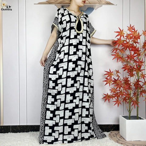 Image of Women Short Sleeve Cotton Loose Dress Boubou Maxi Dresses With Scarf-FrenzyAfricanFashion.com