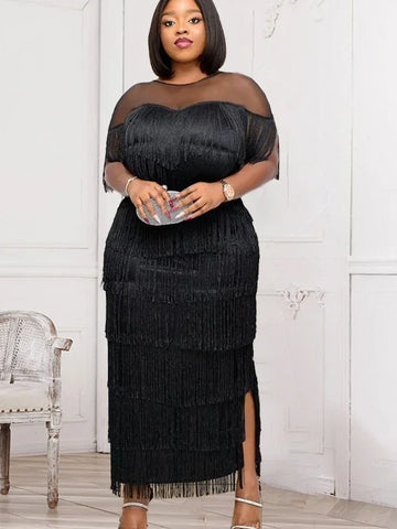 Image of 2024 Women Fringe Party Dresses Elegant Net Shoulder Sleeveless Large Size Long Dress for Birthday Dinner Event Wedding Guest-FrenzyAfricanFashion.com