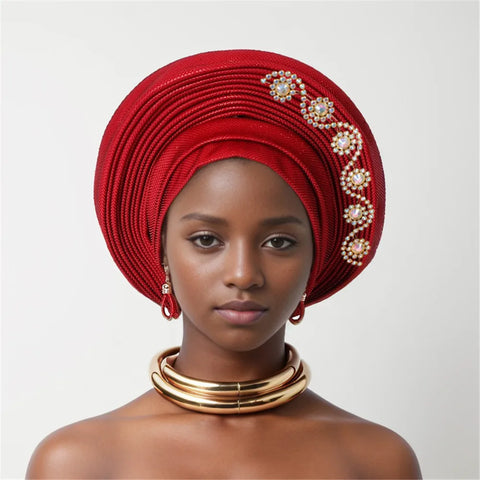 Image of African auto gele Headtie Wedding Party Headpiece Women Head Wraps Muslim Hat-FrenzyAfricanFashion.com