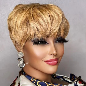 Brown Short Pixie Cut Wig Human Hair For Black Women Machine Made Wigs With Bangs Colored Glueless Wig Human Hair Wigs-FrenzyAfricanFashion.com