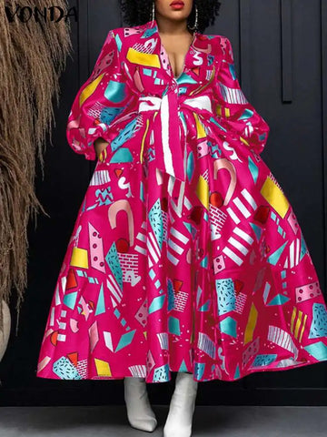 Image of Plus Size VONDA Elegant Women Satin Dress V-neck Bohemian Ruffled Long Dress Floral Printed Puff Sleeve Casual Sundress Belted-FrenzyAfricanFashion.com