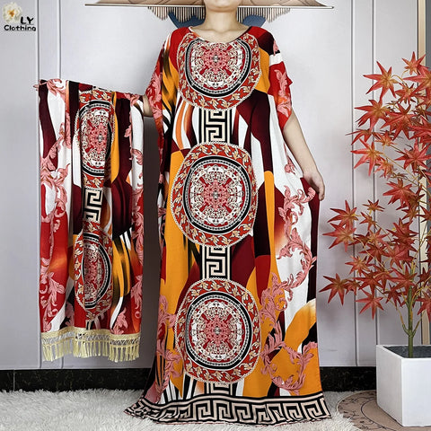 Image of Women Short Sleeve Cotton Loose Femme Robe Dresses With Big Scarf-FrenzyAfricanFashion.com