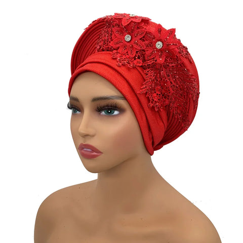 Image of Embroidery Flower African Autogele Headtie Women's Fashion Turban Cap Wedding Gele Party Headpiece Nigeria Female Head Wraps-FrenzyAfricanFashion.com