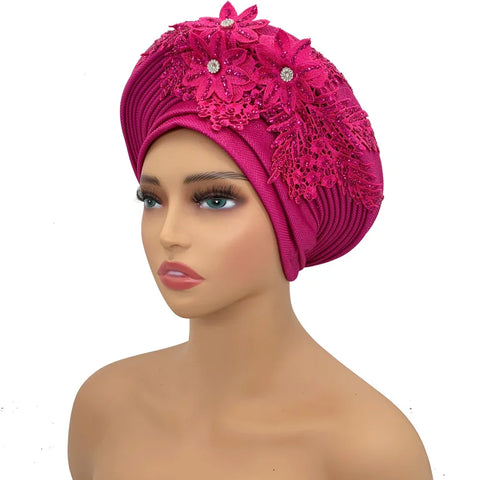 Image of Embroidery Flower African Autogele Headtie Women's Fashion Turban Cap Wedding Gele Party Headpiece Nigeria Female Head Wraps-FrenzyAfricanFashion.com