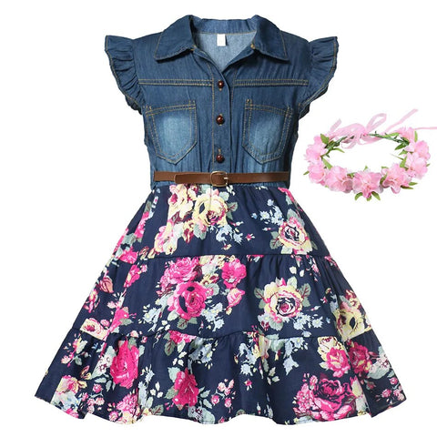 Image of Summer Girls Denim Floral Dress Short Sleeve Casual Clothes-FrenzyAfricanFashion.com