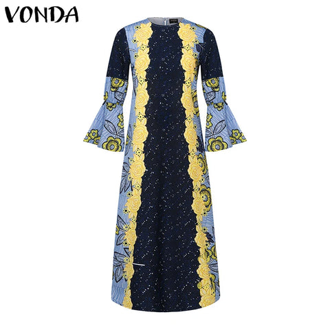 Image of Plus Size VONDA Bohemian Vestidos Women Casual Flared Long Sleeve Maxi Dress Round Neck Loose Print Sundress Ruffles Long Robes-FrenzyAfricanFashion.com