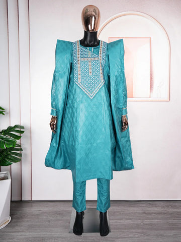 Image of Formal Attire Bazin Riche Dashiki Green Shirt Pants Robe Suit Agbada-FrenzyAfricanFashion.com