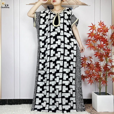 Image of Women Short Sleeve Cotton Loose Dress Boubou Maxi Dresses With Scarf-FrenzyAfricanFashion.com