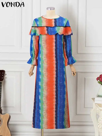 Image of VONDA Elegant Maxi Dress 2023 Women Long Sleeve Ruffled Sundress Fashion Vintage Printed Loose Robe Casual Bohemian Vestidos-FrenzyAfricanFashion.com