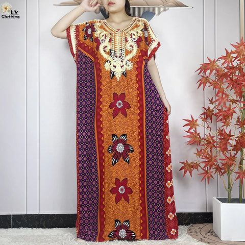 Image of Women Floral Dress African Dashiki Kaftan Short Sleeve Women Casual Hijab Dress-FrenzyAfricanFashion.com