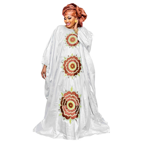 Image of Woman Plus Size Dress Bazin Riche Long Dress With Scarf 3pieces One Set-FrenzyAfricanFashion.com