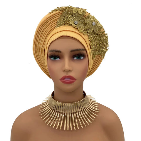 Image of Embroidery Flower African Autogele Headtie Women's Fashion Turban Cap Wedding Gele Party Headpiece Nigeria Female Head Wraps-FrenzyAfricanFashion.com