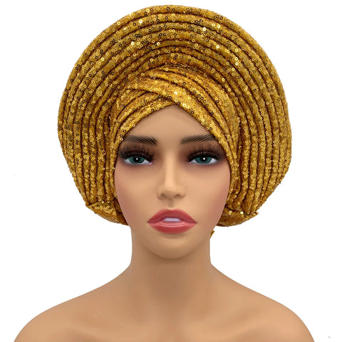 Image of Sequins Auto Gele Headtie African Women's Head Wraps Fashion Turban Cap Nigeria Wedding Geles Already Made Head Ties Headpiece-FrenzyAfricanFashion.com